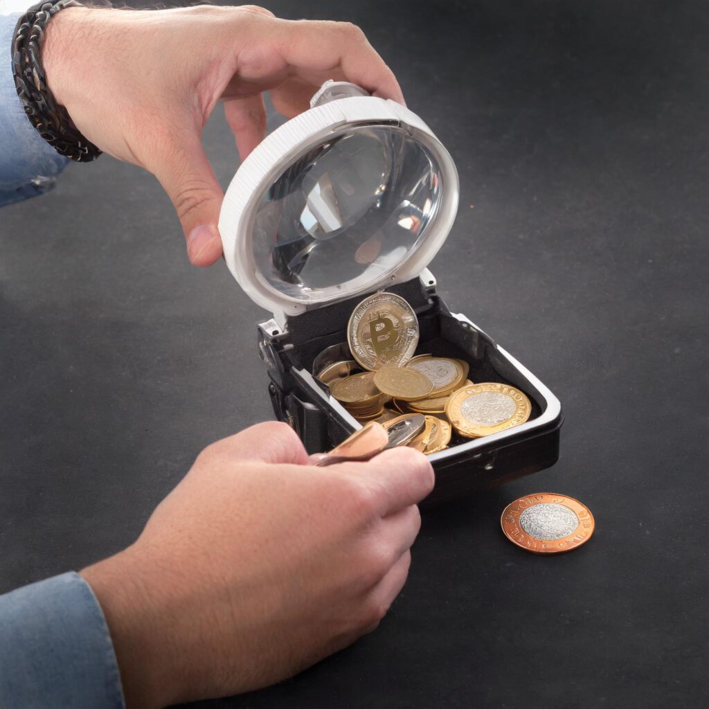 coins in a small box being inspected